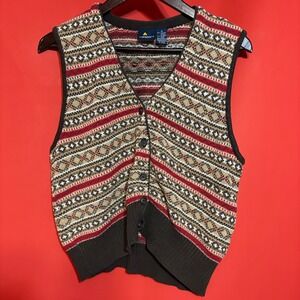 Lizsport Fair Isle Knit Button Front Vest Women's Medium Brown Red‎ Tan